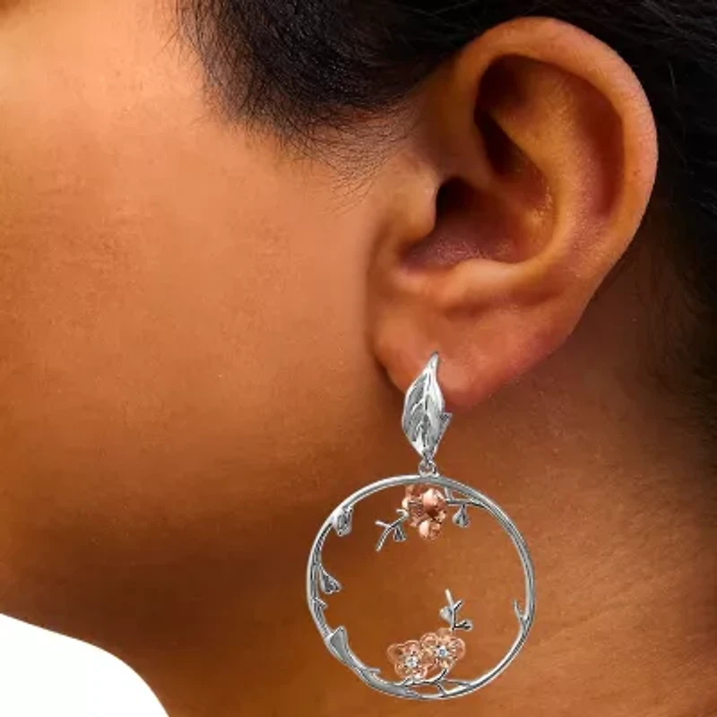 Rose Gold Plated Silver 1/10 Ct Diamond Floral Hoop Earrings
