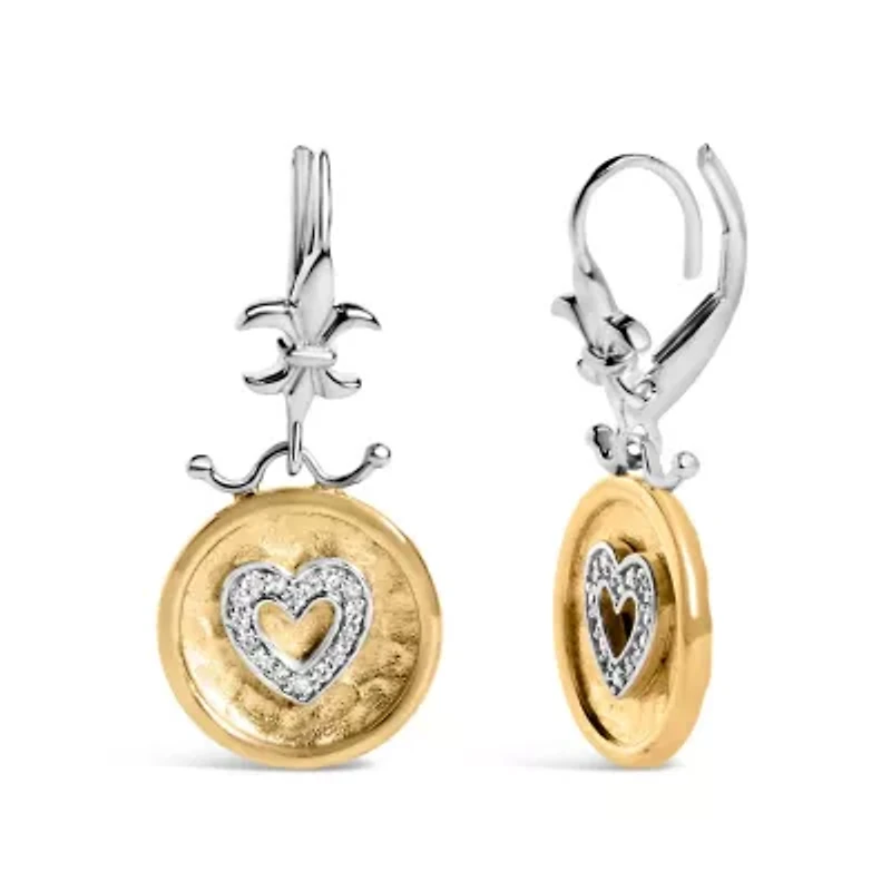 18K Yellow Gold Plated Silver 1/8 Ct Diamond Medallion Heart Dangle Earrings