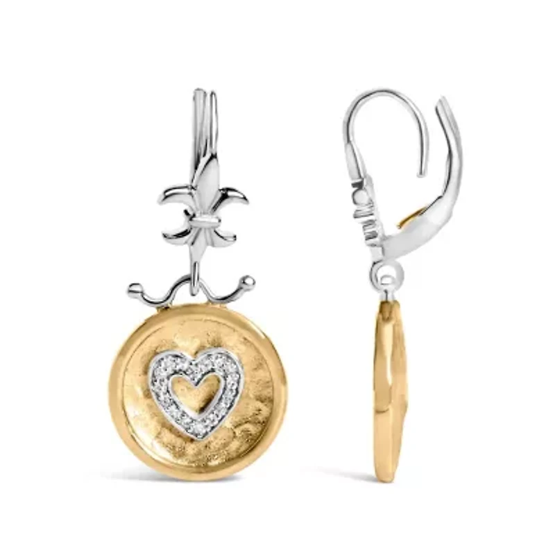 18K Yellow Gold Plated Silver 1/8 Ct Diamond Medallion Heart Dangle Earrings