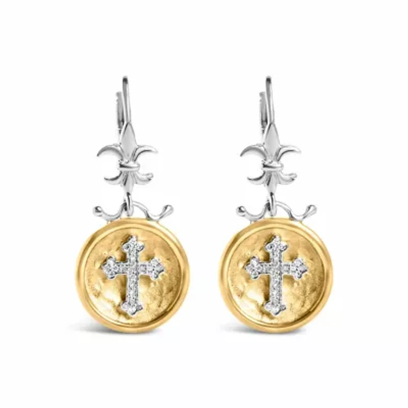 18K Yellow Gold Plated Silver 1/8 Ct Diamond Medallion Cross Dangle Earrings