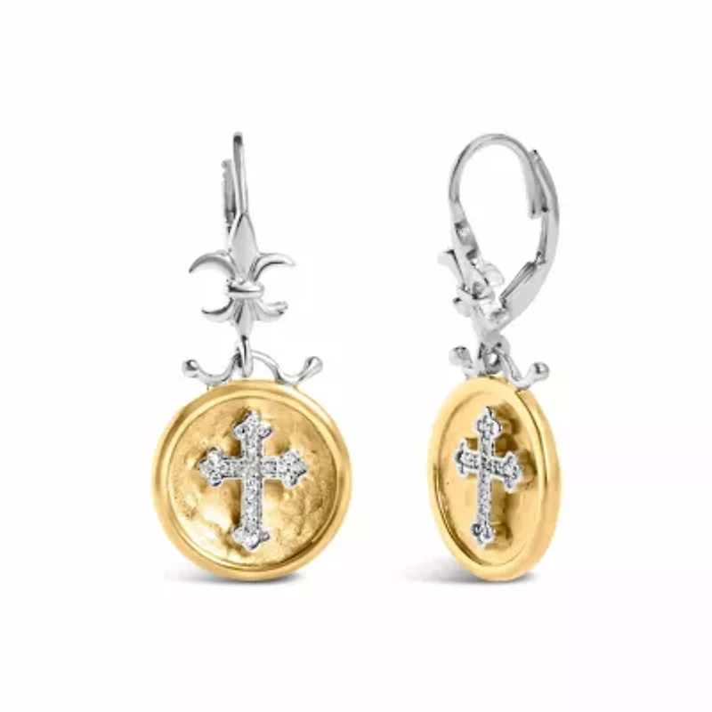 18K Yellow Gold Plated Silver 1/8 Ct Diamond Medallion Cross Dangle Earrings
