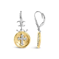 18K Yellow Gold Plated Silver 1/8 Ct Diamond Medallion Cross Dangle Earrings