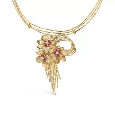 18K Gold Diamond & Ruby Floral Cascade Statement Necklace-16"
