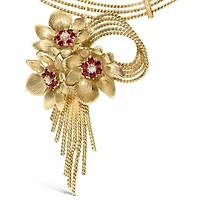 18K Gold Diamond & Ruby Floral Cascade Statement Necklace-16"