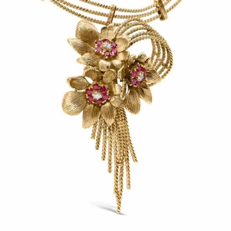 18K Gold Diamond & Ruby Floral Cascade Statement Necklace-16"