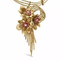 18K Gold Diamond & Ruby Floral Cascade Statement Necklace-16"
