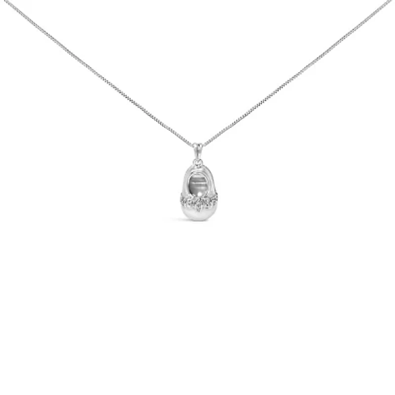14K White Gold Diamond Accent Baby Shoe with Bow Pendant Necklace