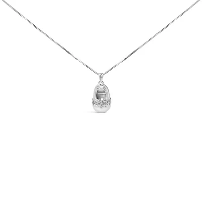 14K White Gold Diamond Accent Baby Shoe with Bow Pendant Necklace