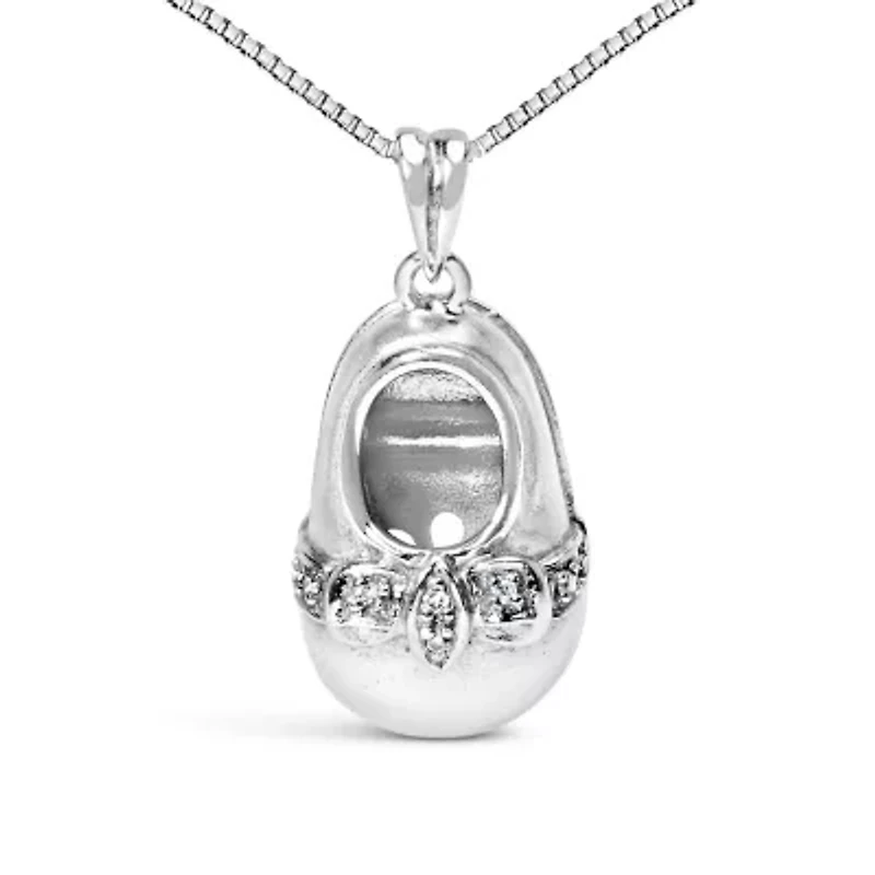 14K White Gold Diamond Accent Baby Shoe with Bow Pendant Necklace