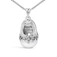 14K White Gold Diamond Accent Baby Shoe with Bow Pendant Necklace
