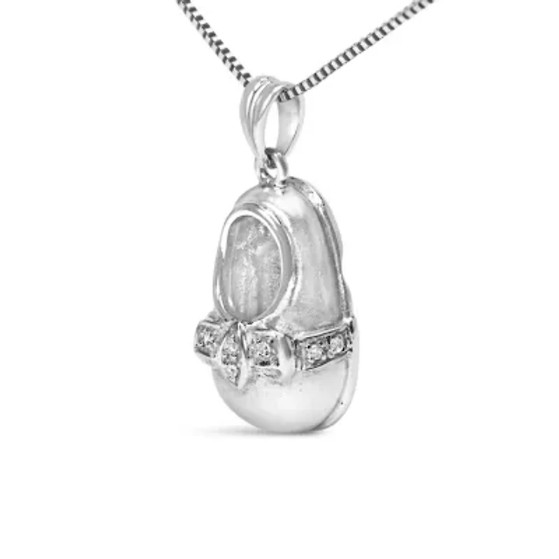 14K White Gold Diamond Accent Baby Shoe with Bow Pendant Necklace