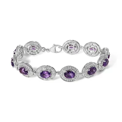 Sterling Silver 5x7 MM Oval Purple Amethyst & Diamond Halo Link Bracelet