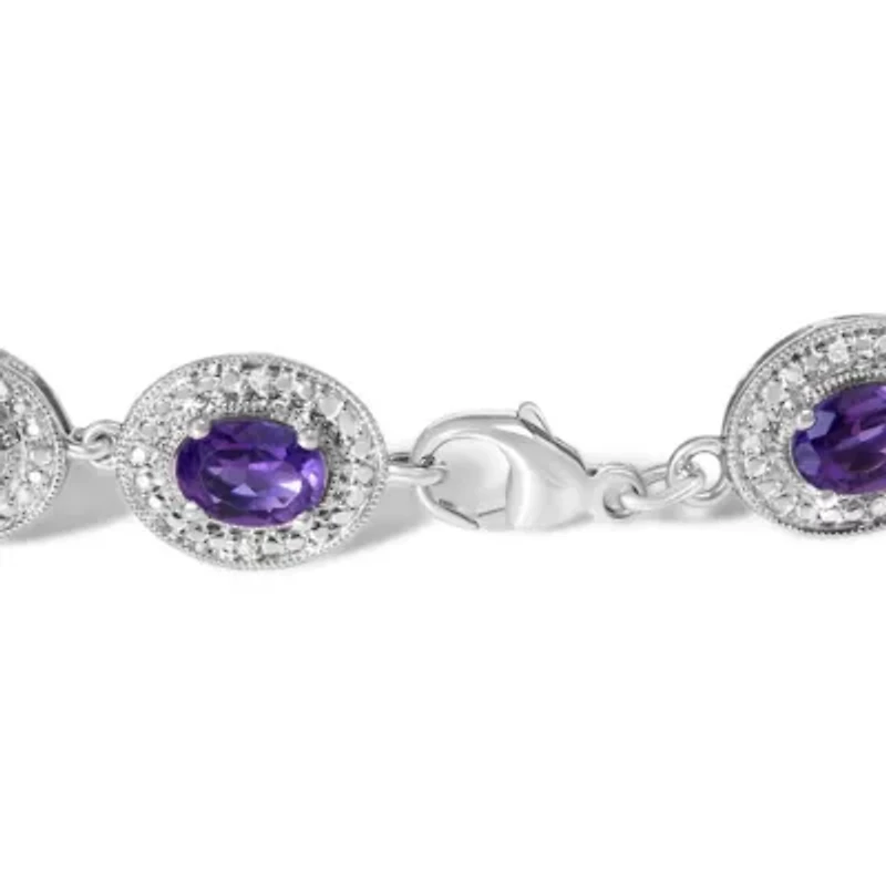 Sterling Silver 5x7 MM Oval Purple Amethyst & Diamond Halo Link Bracelet