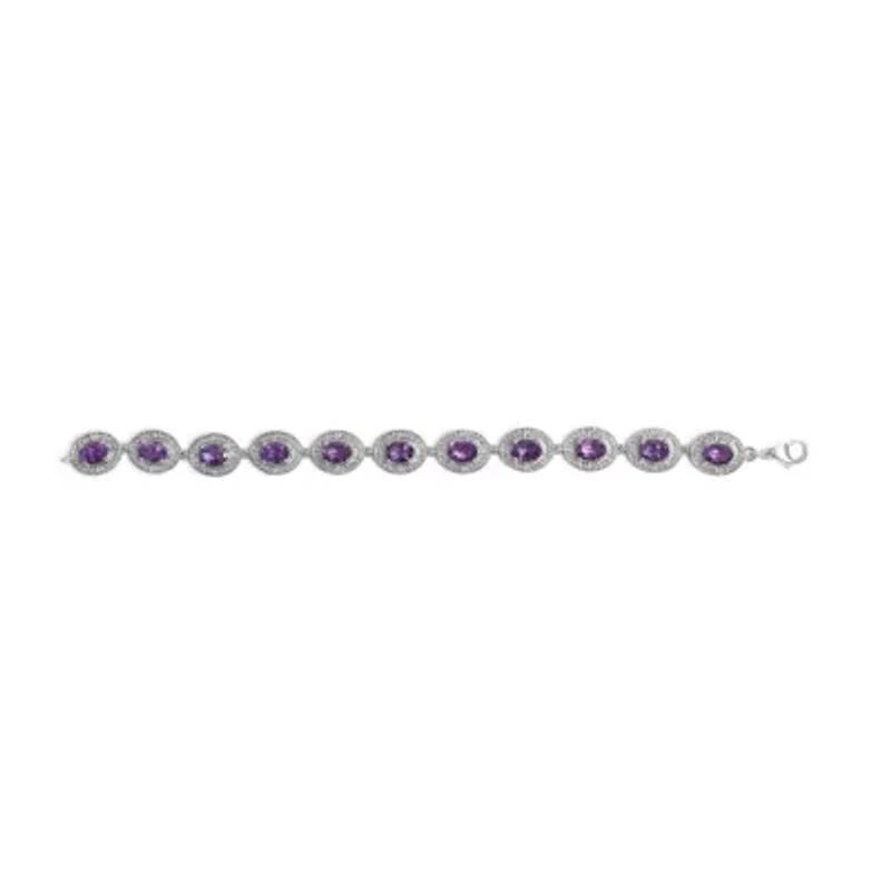 Sterling Silver 5x7 MM Oval Purple Amethyst & Diamond Halo Link Bracelet
