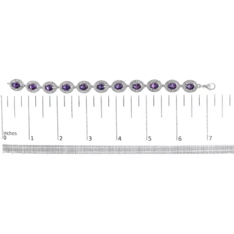 Sterling Silver 5x7 MM Oval Purple Amethyst & Diamond Halo Link Bracelet