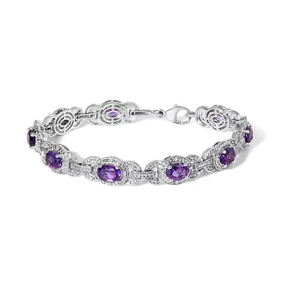 Sterling Silver Oval Purple Amethyst and Diamond Interlocking Halo Link Bracelet