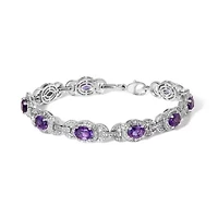 Sterling Silver Oval Purple Amethyst and Diamond Interlocking Halo Link Bracelet