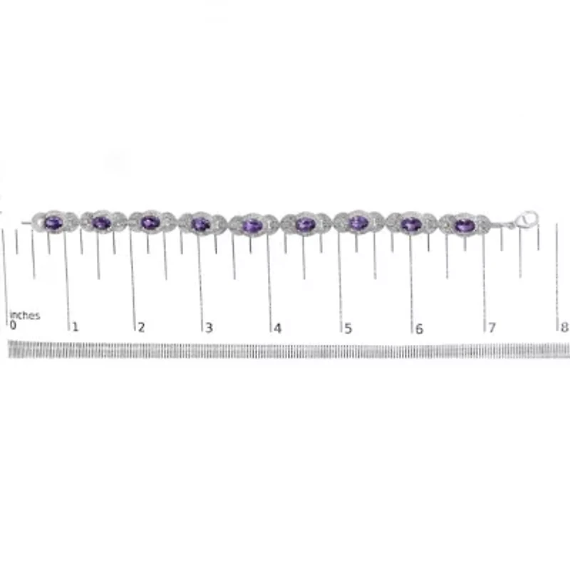 Sterling Silver Oval Purple Amethyst and Diamond Interlocking Halo Link Bracelet