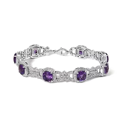 Silver Cushion-Cut Purple Amethyst & Diamond Vintage Halo Link Bracelet
