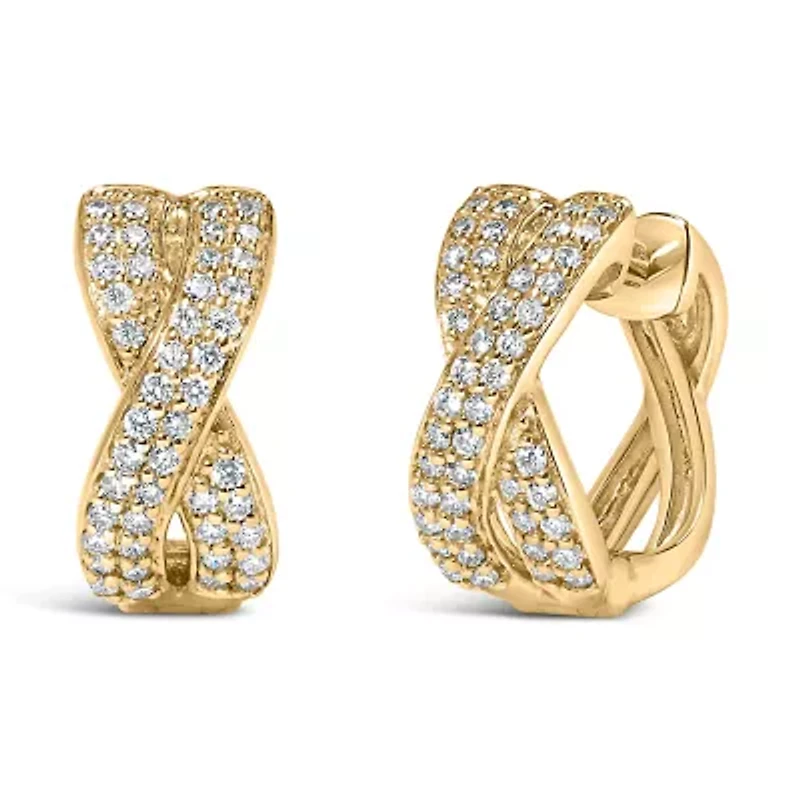 14K Yellow Gold 1/3 Cttw Diamond Criss Cross Huggie Hoop Earrings