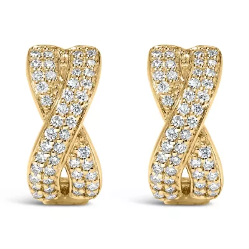 14K Yellow Gold 1/3 Cttw Diamond Criss Cross Huggie Hoop Earrings