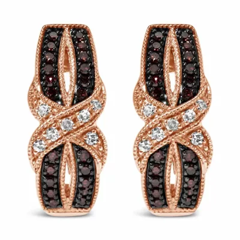 10K Rose Gold 1/3 Ct White and Brown Diamond Milgrain Criss Cross J-Hoop Earrings