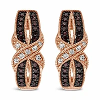 10K Rose Gold 1/3 Ct White and Brown Diamond Milgrain Criss Cross J-Hoop Earrings