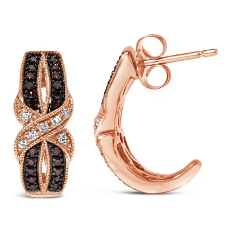 10K Rose Gold 1/3 Ct White and Brown Diamond Milgrain Criss Cross J-Hoop Earrings