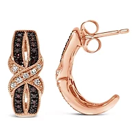 10K Rose Gold 1/3 Ct White and Brown Diamond Milgrain Criss Cross J-Hoop Earrings