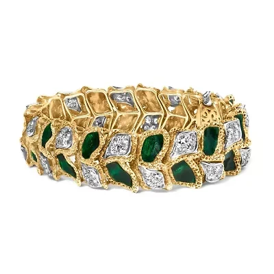 18K Gold 3 1/4 Ctw Diamond & Green Enamel Gold Textured Bracelet