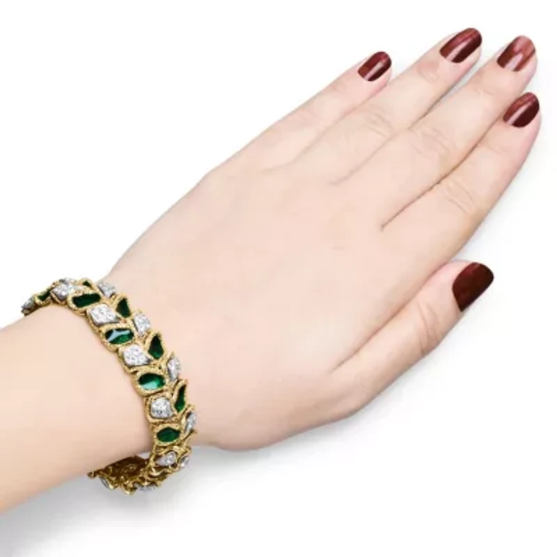 18K Gold 3 1/4 Ctw Diamond & Green Enamel Gold Textured Bracelet
