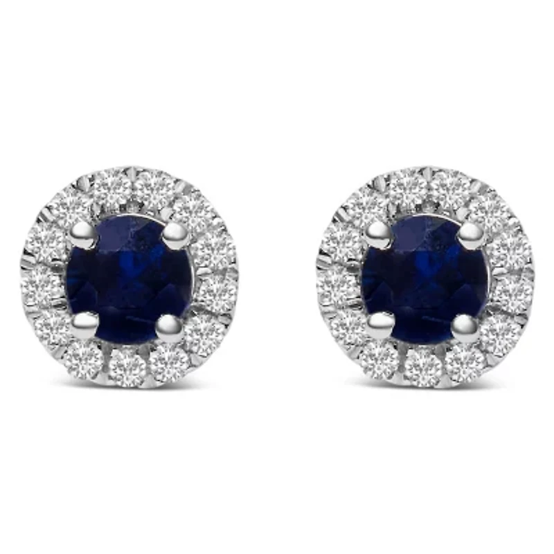 10K White Gold Blue Sapphire and 1/10 Ct Diamond Halo Stud Earrings