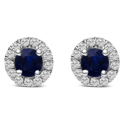 10K White Gold Blue Sapphire and 1/10 Ct Diamond Halo Stud Earrings