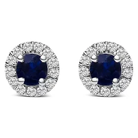 10K White Gold Blue Sapphire and 1/10 Ct Diamond Halo Stud Earrings