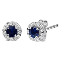 10K White Gold Blue Sapphire and 1/10 Ct Diamond Halo Stud Earrings
