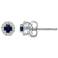 10K White Gold Blue Sapphire and 1/10 Ct Diamond Halo Stud Earrings