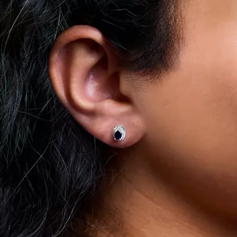 10K White Gold Blue Sapphire and 1/10 Ct Diamond Halo Stud Earrings