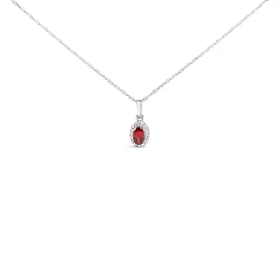 10K White Gold 5x3mm Red Garnet and Diamond Accent Halo Oval Shape Pendant Necklace