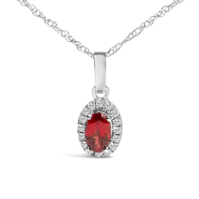 10K White Gold 5x3mm Red Garnet and Diamond Accent Halo Oval Shape Pendant Necklace