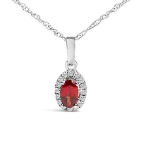 10K White Gold 5x3mm Red Garnet and Diamond Accent Halo Oval Shape Pendant Necklace