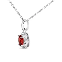 10K White Gold 5x3mm Red Garnet and Diamond Accent Halo Oval Shape Pendant Necklace