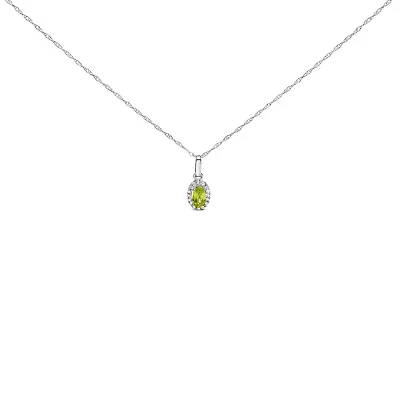 10K White Gold Yellow Peridot and Diamond Accent Halo Oval Shape Pendant Necklace