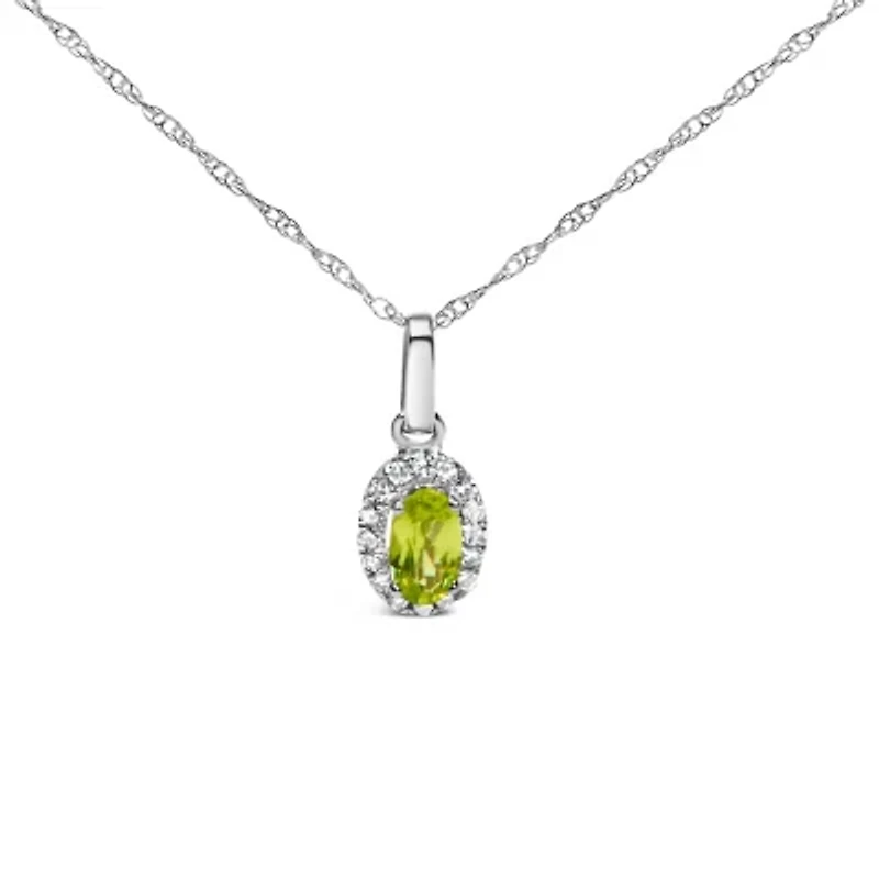 10K White Gold Yellow Peridot and Diamond Accent Halo Oval Shape Pendant Necklace
