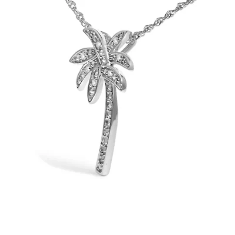 .925 Sterling Silver Diamond Accent Palm Tree Pendant Necklace - 18" Inches