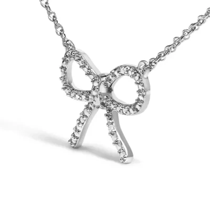 .925 Sterling Silver Diamond Accent Ribbon Bow Knot Pendant Necklace - 18" Inches