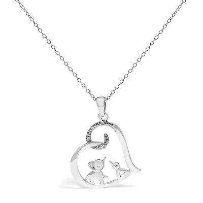 Silver Double Elephant Diamond Accent Heart Pendant Necklace