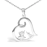 Silver Double Elephant Diamond Accent Heart Pendant Necklace