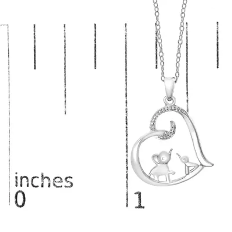 Silver Double Elephant Diamond Accent Heart Pendant Necklace
