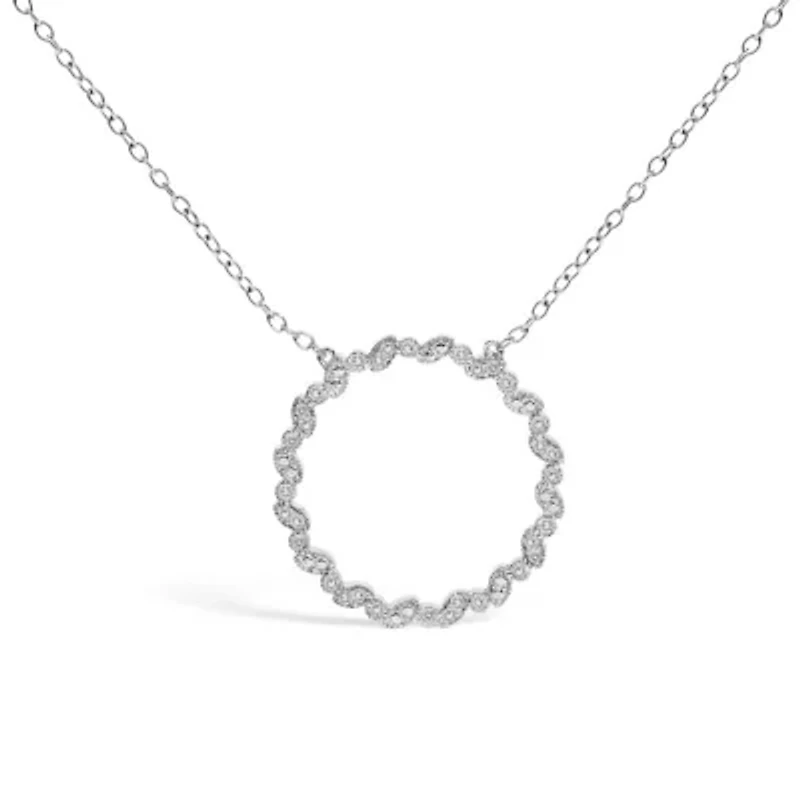 Lab Created Silver 1/7 Cttw Lab Grown Diamond Beaded Love Circle Pendant Necklace