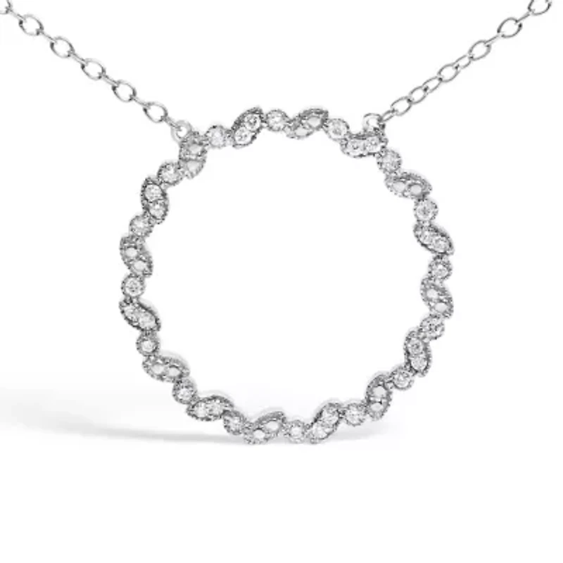 Lab Created Silver 1/7 Cttw Lab Grown Diamond Beaded Love Circle Pendant Necklace